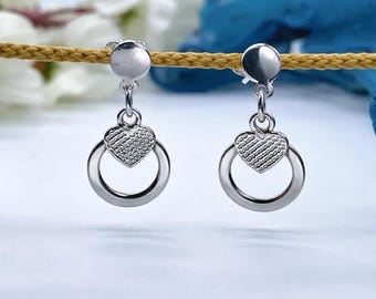 Sterling Silver Heart Drop Earrings, Minimalist Dangle Earrings, Cute Romantic Jewelry Gift for Her, 925 Silver Everyday Wear