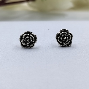 Silver Oxidised Rose Stud Earrings Flower Earrings Floral Jewelry Minimalist Handmade Stud with Pushback 925 Sterling Cute Gift