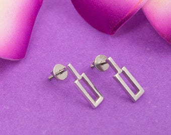 Sterling Silver Rectangle Drop Earrings: Modern Minimalist Jewelry for Women