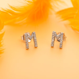 925 Sterling Silver M Initial Stud Earrings, Tiny CZ Letter Earrings, Personalized Jewelry Gift for Her, Minimalist Alphabet Studs