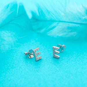 925 Sterling Silver E Initial Stud Earrings, Tiny CZ Letter Earrings, Personalized Jewelry Gift for Her, Minimalist Alphabet Studs