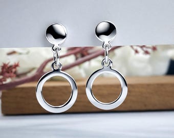 Sterling Silver Circle Drop Earrings, Minimalist Hoop Dangle Earrings, 925 Silver Geometric Jewelry, Everyday Elegant Gift for Her