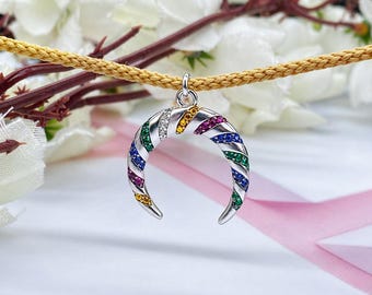 Sterling Silver Rainbow CZ Crescent Moon Pendant Colorful Gemstone Charm Boho Necklace Dainty Everyday Jewelry Gift for Women 24X22 MM