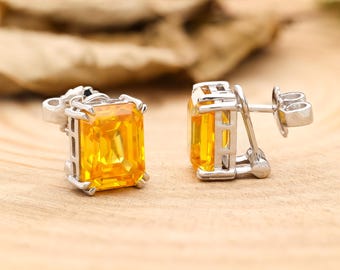 925 Silver Yellow CZ Earrings: Emerald Cut Studs