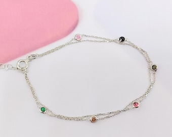 Sterling Silver Multi Color CZ Bracelet, Dainty Layered Chain Bracelet, Minimalist 925 Silver Jewelry, Adjustable Gift for Her Everyday Wear