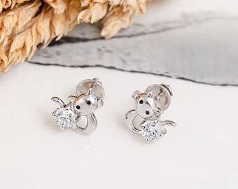 Sterling Silver Cat Stud Earrings, Round Cut CZ, Pet Jewelry