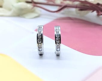 CZ Sterling Silver Hoop Earrings: Handmade Huggie Hoops-Size 16 x 3 MM