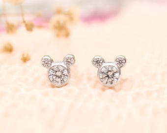 Sterling Silver CZ Mickey Mouse Stud Earrings: Handmade Cartoon Jewelry