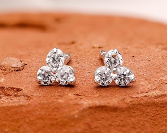 Sterling Silver CZ Cluster Stud Earrings: Dainty Trio Flower