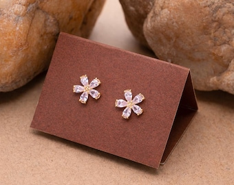925 Sterling Silver Pink Flower Stud Earrings, Gold Finish Minimalist Blossom Jewelry