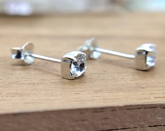 Handmade 925 Silver White Topaz Stud Earrings: Minimalist April Birthstone
