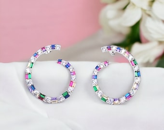Multicolor CZ Hoop Earrings: 925 Sterling Silver Handmade Jewelry