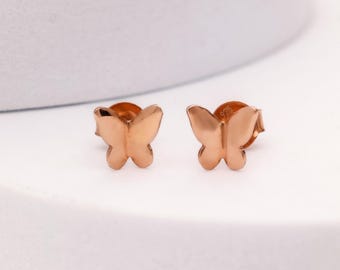 Rose Gold Finish Sterling Silver Butterfly Stud Earrings: Dainty Insect Jewelry