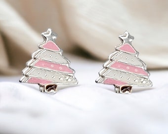 925 Sterling Silver Cute Tree Ear Studs Tiny Christmas Kids Earrings Enamel Cartilage Ear Studs Girls Earrings Minimalist Handmade Gift