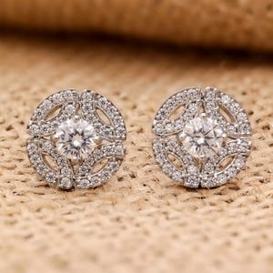 925 Sterling Silver Round Halo Stud Earrings, CZ Diamond Sparkle Jewelry, Elegant Bridal Earrings, Gift for Her, Classic Everyday Studs