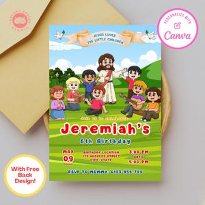 Jesus liebt die kleinen Kinder, Geburtstagseinladung, christlicher Geburtstag, christliche Geburtstagseinladung, Bibelfiguren, Einladungsvorlage