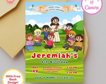 Jesus liebt die kleinen Kinder, Geburtstagseinladung, christlicher Geburtstag, christliche Geburtstagseinladung, Bibelfiguren, Einladungsvorlage