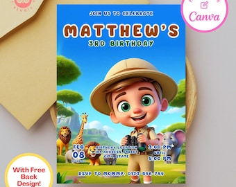 May include: A blue and brown birthday invitation with a cartoon illustration of a boy dressed as an explorer with a safari hat, binoculars, and a khaki shirt. The invitation says "Join us to celebrate Matthew's 3rd Birthday".