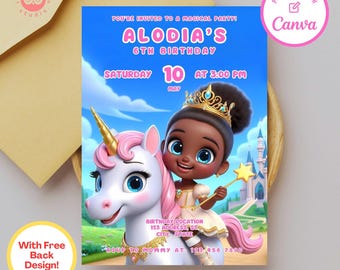 Op de afbeelding: Een verjaardagsuitnodiging met een cartoonillustratie van een zwart meisje dat een prinses op een eenhoorn rijdt. De uitnodiging is voor Alodia's 6e verjaardagsparty op zaterdag 10 mei om 15:00 uur. De uitnodiging bevat een verjaardagslocatie en een telefoonnummer om te RSVP.