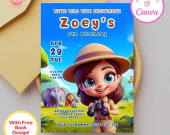 May include: A blue and green birthday invitation with a cartoon girl wearing a safari hat and holding binoculars. The text on the invitation reads "Zoey's 8th Birthday", "Apr 29 Tue", "3:00 PM until 5:00 PM", "Birthday Location 123 Address Street City, State", and "RSVP to Mommy: 0123-456-789".