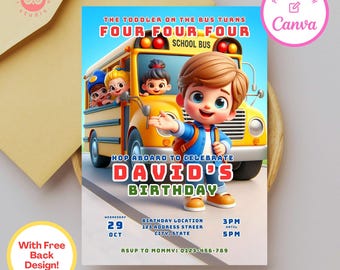 Invitación de cumpleaños de autobús escolar: Plantilla editable de Canva (descarga digital)