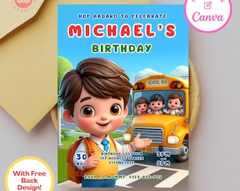 Invitación de cumpleaños de autobús escolar: Plantilla editable de Canva (descarga digital)