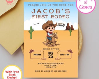 Invitación de cumpleaños para el primer rodeo: Fiesta infantil del Oeste, plantilla de Canva (descarga digital)