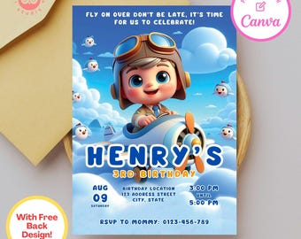 Pilot Birthday Invitation: Airplane Party, Canva Template