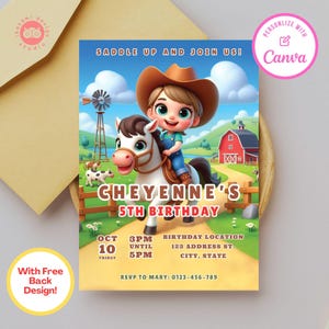 Cowgirl birthday party invitations, cowgirl birthday, cowgirl, canva template, birthday party invite, birthday party invitation template