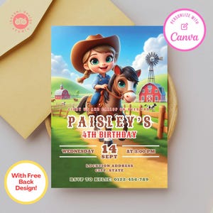 Cowgirl birthday party invitations, cowgirl birthday, cowgirl, canva template, birthday party invite, birthday party invitation template