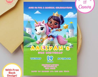 Op de afbeelding: Een groene en blauwe verjaardagsuitnodiging met een cartoonillustratie van een jong meisje dat op een eenhoorn rijdt. De tekst luidt "Aaliyah's 3rd Birthday" en bevat de datum, tijd en locatie van het feest.