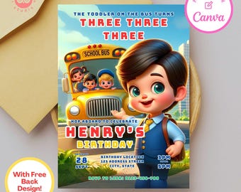 Invitación de cumpleaños de autobús escolar: Plantilla editable de Canva (descarga digital)