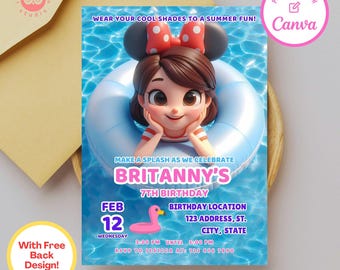 Girl's Pool Party Birthday Invitation: Editable Canva Template
