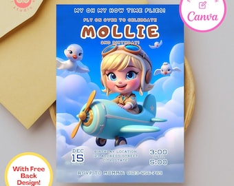 Girl Pilot Birthday Invitation: Airplane Party, Canva Template (Digital Download)