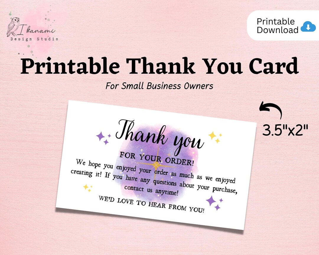 Printable Order Thank You Card, Watercolor Thank You Card, Thank You ...