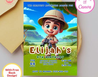 May include: A green and brown birthday invitation with a cartoon illustration of a boy wearing a safari hat and holding binoculars. The text reads "Elijah's 4th Birthday" with the date and time of the party.
