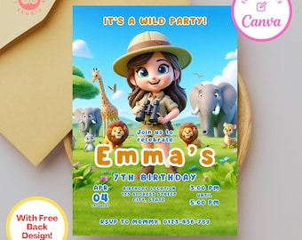 May include: A colorful invitation for a 7th birthday party with a jungle theme. The invitation features a cartoon girl dressed as an explorer with a safari hat and binoculars. The text on the invitation reads "It's a Wild Party!" and "Join us to celebrate Emma's 7th Birthday".