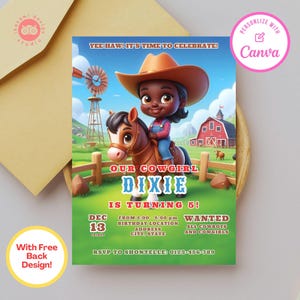 Cowgirl birthday party invitations, cowgirl birthday, cowgirl, canva template, birthday party invite, birthday party invitation template