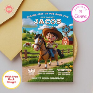 Cowboy birthday invitation, cowboy birthday, cowboy kids, cowboy, canva template, birthday party invite, birthday party invitation template