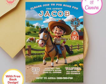 Invitación de cumpleaños de vaquero: Fiesta infantil del Oeste, plantilla de Canva (descarga digital)