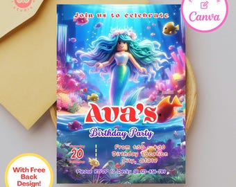 Mermaid Birthday Invitation: Editable Canva Template (Digital Download)