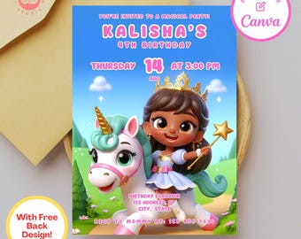 Op de afbeelding: Een blauwe en roze verjaardagsuitnodiging met een cartoonprinses die op een eenhoorn rijdt. De uitnodiging luidt "You're invited to a magical party! Kalisha's 4th Birthday. Donderdag 14 aug om 15:00 uur".