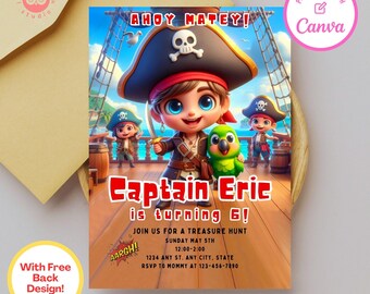 May include: Ahoy Matey! Birthday invitation featuring a cartoon pirate captain with a parrot on his shoulder. The invitation is for Captain Eric's 6th birthday party, which includes a treasure hunt. The party is on Sunday, May 5th from 12:00-2:00 at 1234 Any St., Any City, State. RSVP to Mommy at 123-456-7890.