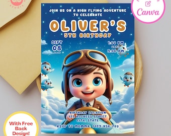 Boy Pilot Birthday Invitation: Airplane Party, Canva Template