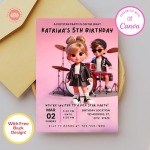 Pop culture, pop girls, rock and roll birthday, girl band, girl invitation, invitation template, editable templates, birthday invitation