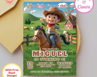 Invitación de cumpleaños de vaquero: Fiesta infantil del Oeste, plantilla de Canva (digital)