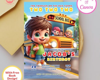 School Bus Birthday Invitation: Wheels on the Bus, Canva Template (Digital Download)