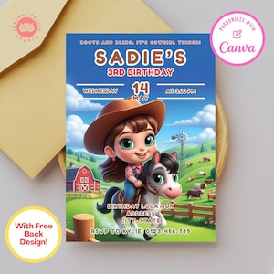 Cowgirl birthday party invitations, cowgirl birthday, cowgirl, canva template, birthday party invite, birthday party invitation template