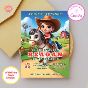 Cowgirl birthday party invitations, cowgirl birthday, cowgirl, canva template, birthday party invite, birthday party invitation template