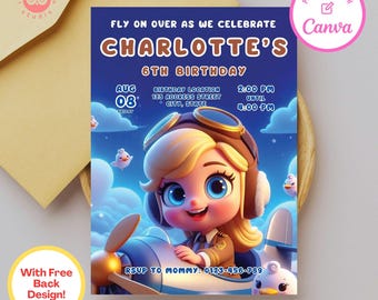Girl Pilot Birthday Invitation: Airplane Party, Canva Template (Digital Download)